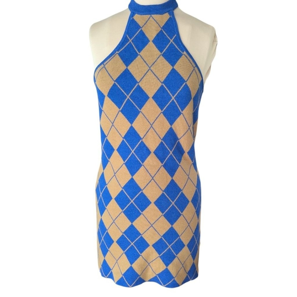 Urban Outfitters Mini Dress Navy Blue Argyle Halter Knit Sz M NWT Y2K Retro